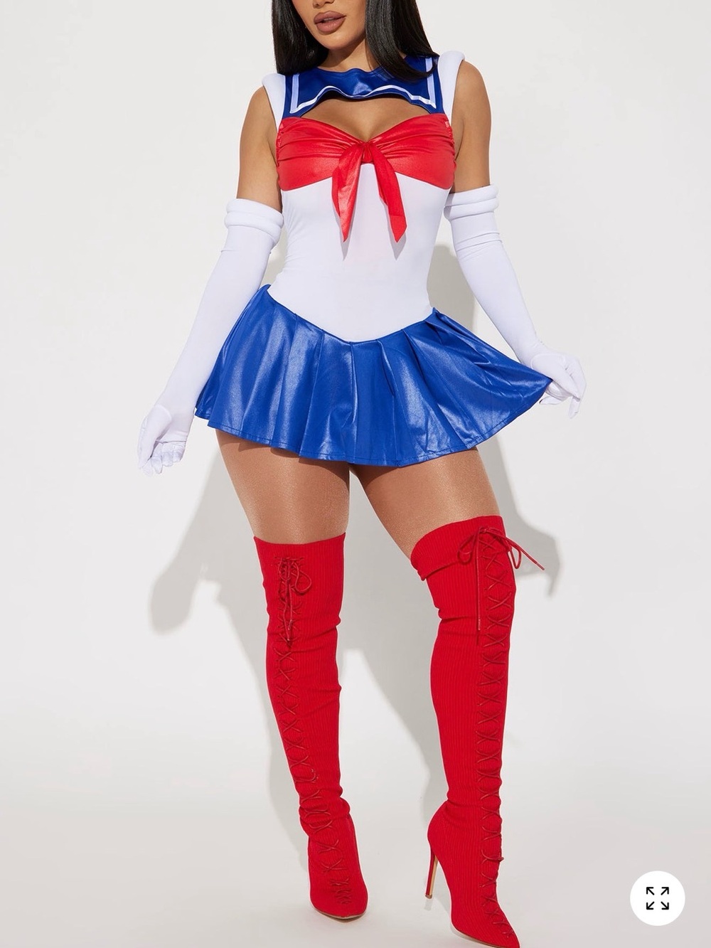 Sailor-Inspired Costume Dress with Red Bow and Blue Skirt